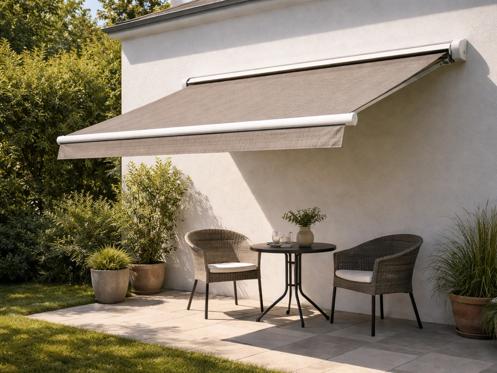 Motorized retractable awning partially extended over patio seating, showing shade-on-demand contrast.