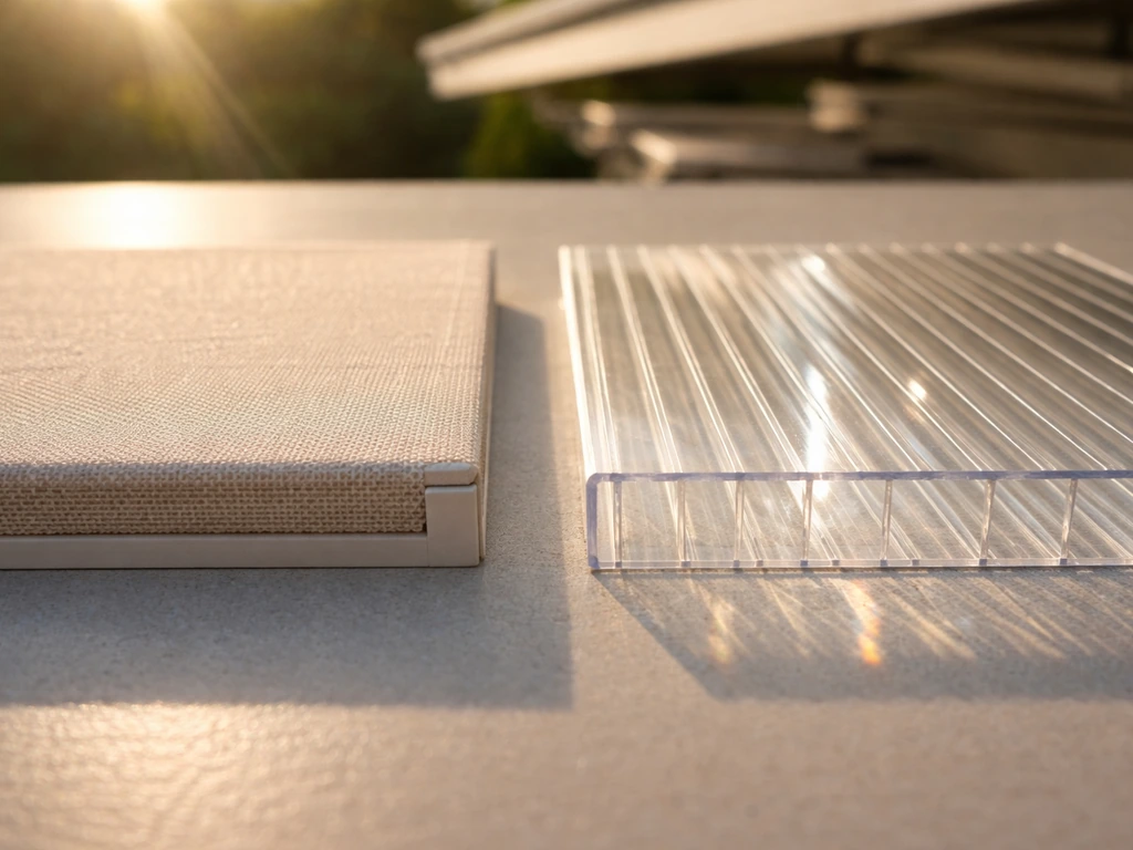 Solution-dyed acrylic fabric awning material beside a clear polycarbonate panel, sun glare showing light filtering