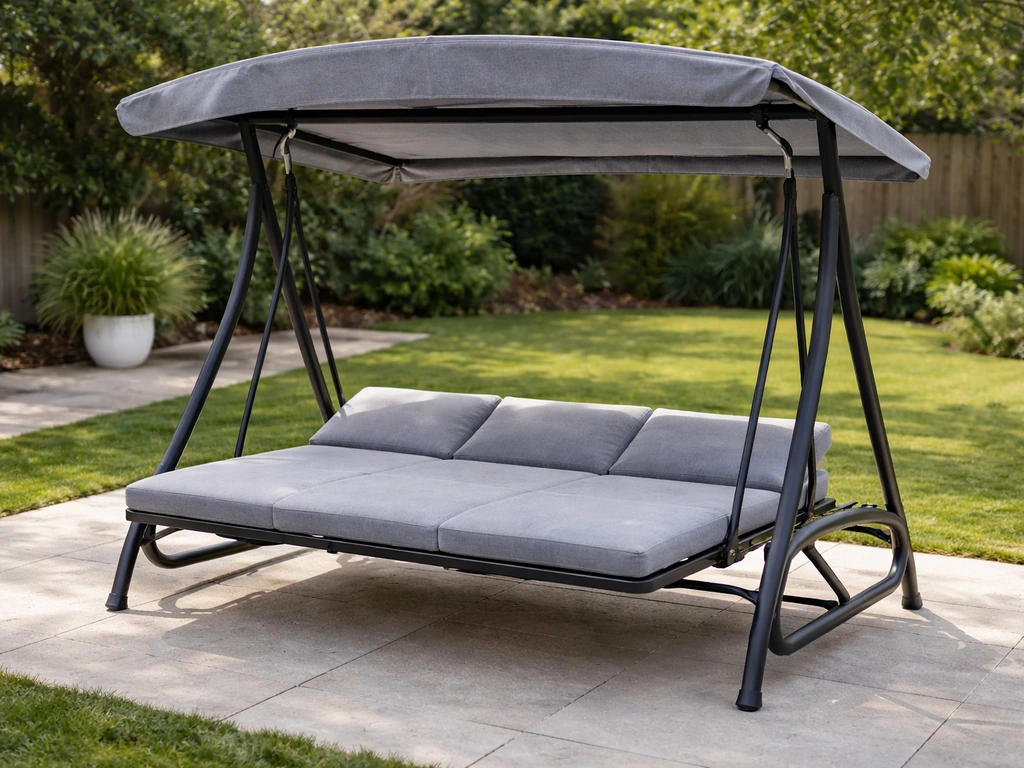 Three-seat converting patio swing with canopy extended and seat flattened into lounger mode.
