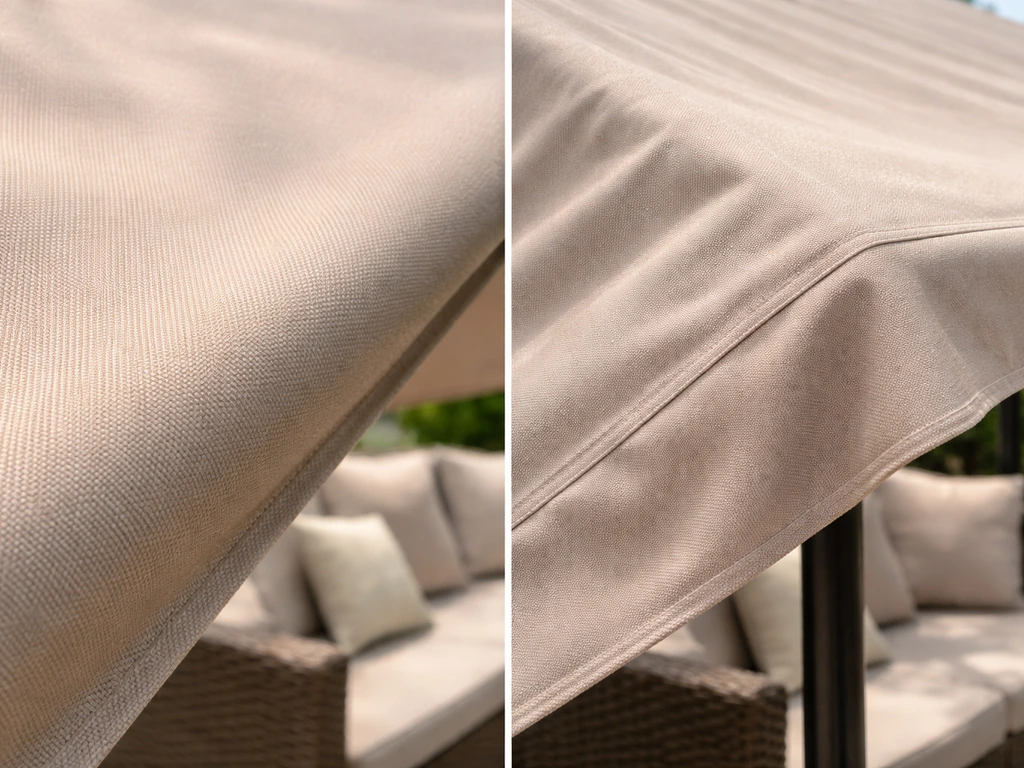 Closeup of weather-resistant canopy polyester fabric draped over an outdoor seating frame, showing seams.