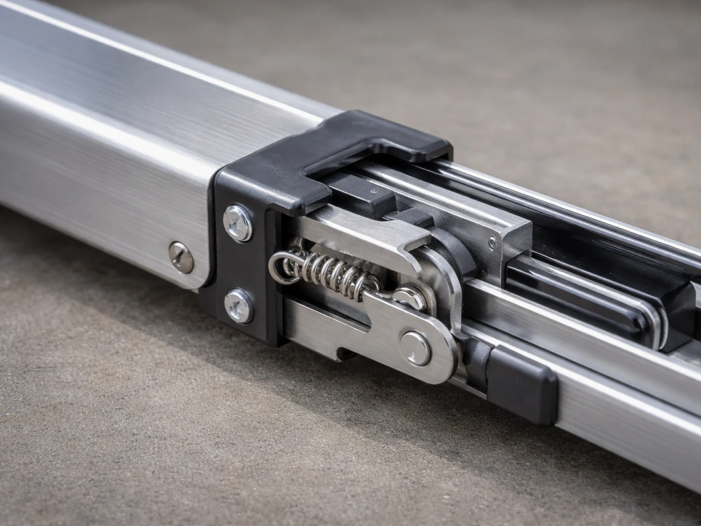 Close-up of a lock-and-release mechanism with a support arm sliding into place and locking securely