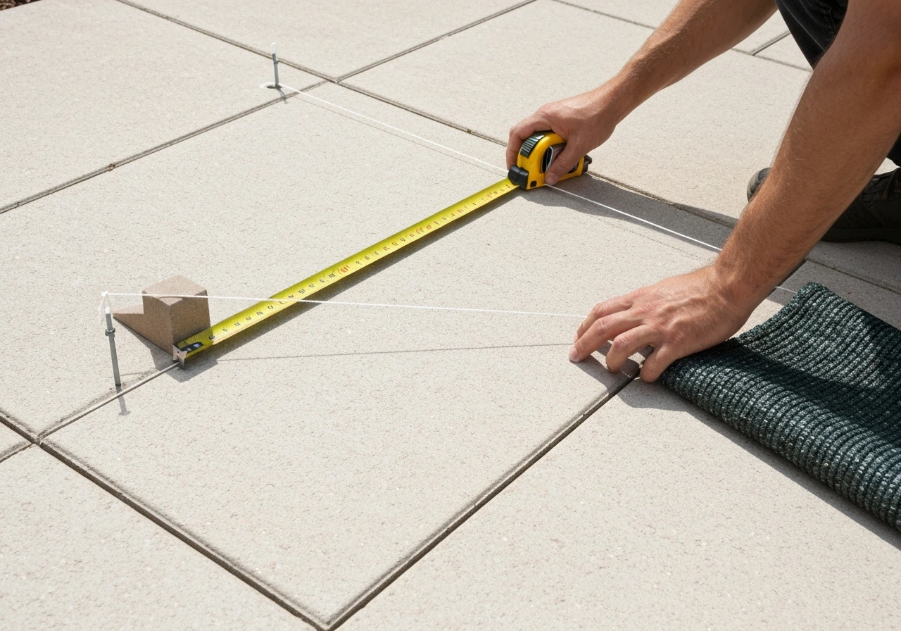 Hands measuring corner-to-corner distance on a patio with a tape measure and string line between anchors.