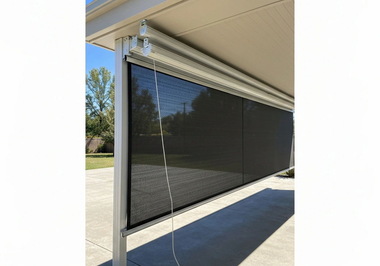 Retractable shade cloth with a ceiling track, fabric partially pulled over a quiet patio.