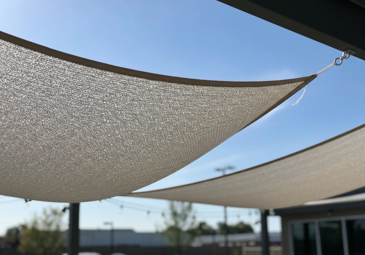 Close-up of knitted HDPE patio shade fabric under tension, showing airflow porosity and minimal flutter