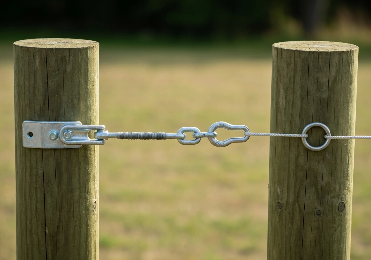 Connected bracket, turnbuckle, shackle, and sail corner ring mounted on outdoor wooden posts.