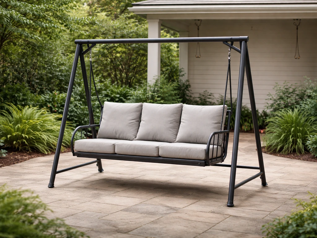 Freestanding patio swing with stand on a stone patio, plus a subtle hint of an overhead hanging swing setup.