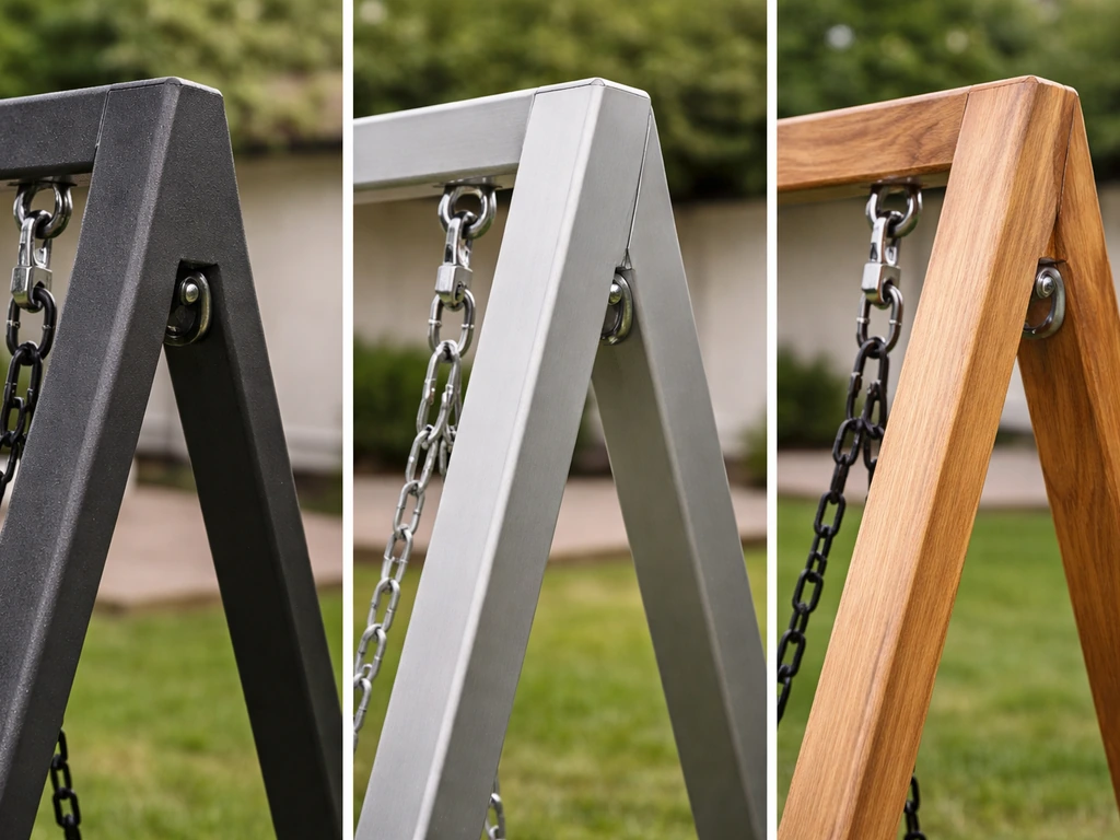 Closeup side-by-side patio swing frames showing powder-coated steel, aluminum, and wood textures.