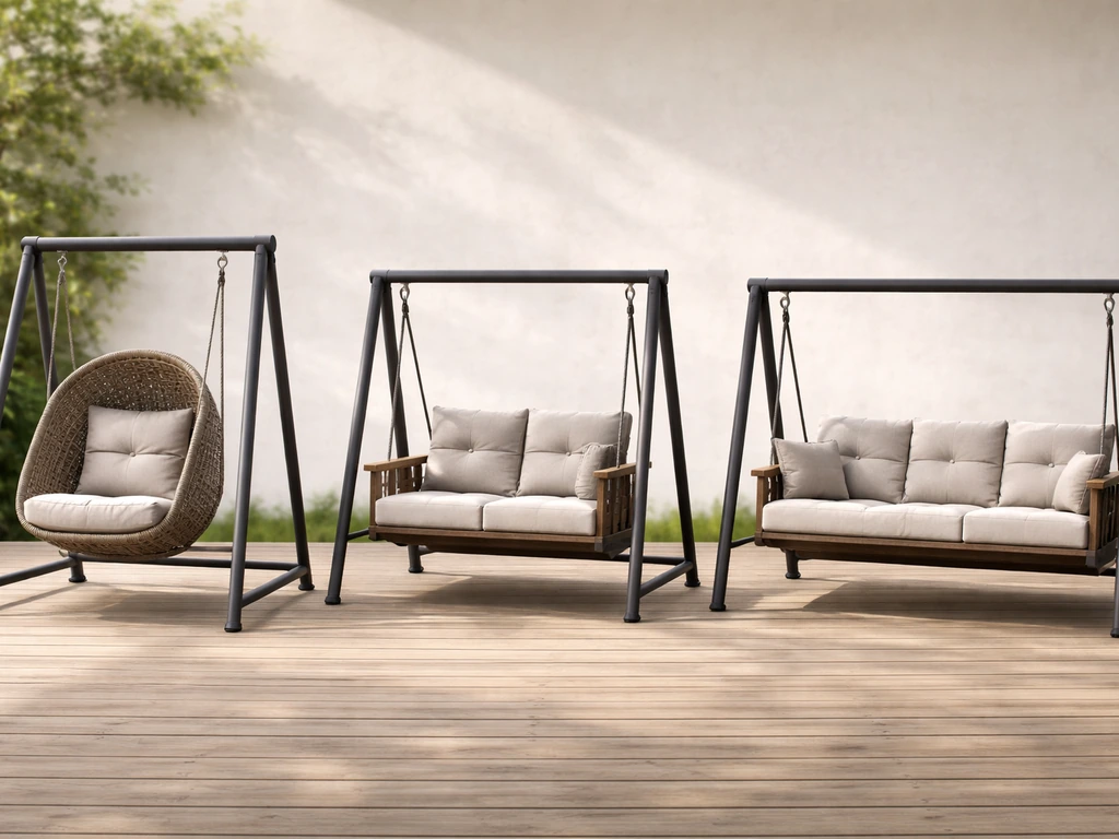 Three swing seating styles—single, loveseat, and three-person bench—showing different widths and cushion designs.