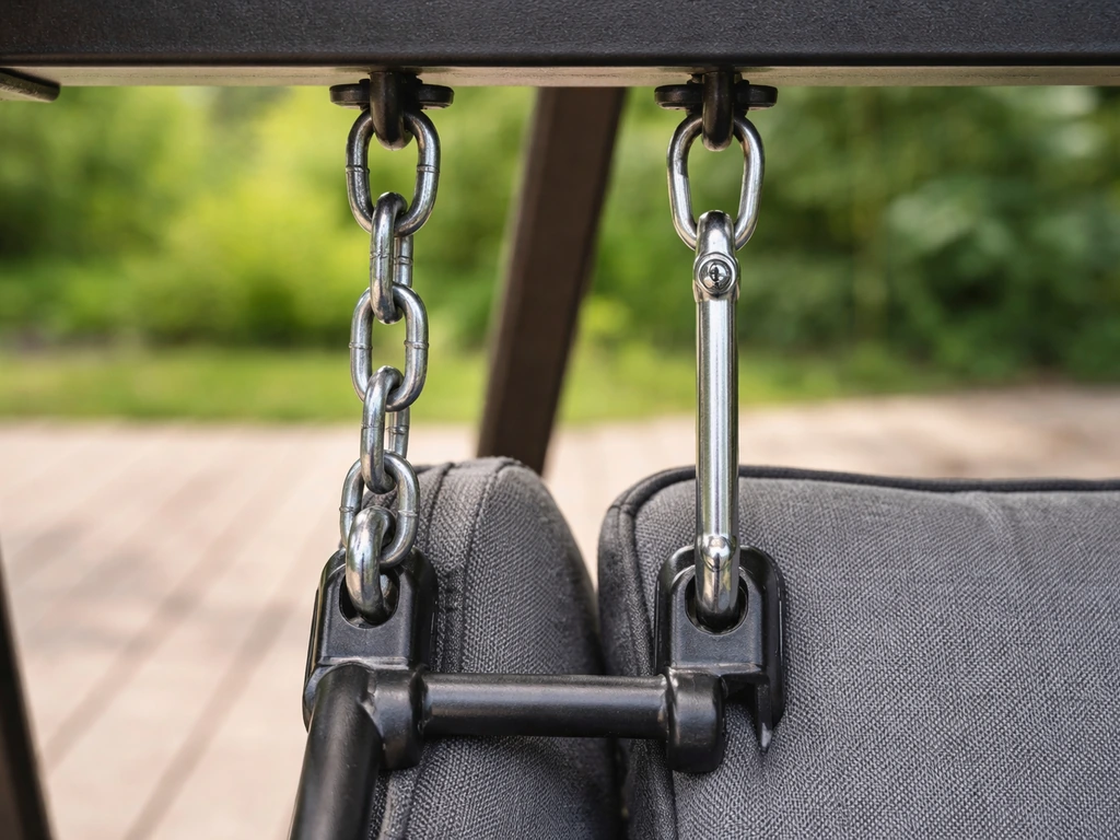 Closeup of patio swing seat frame showing chain suspension links and a bar-style hanger pivot