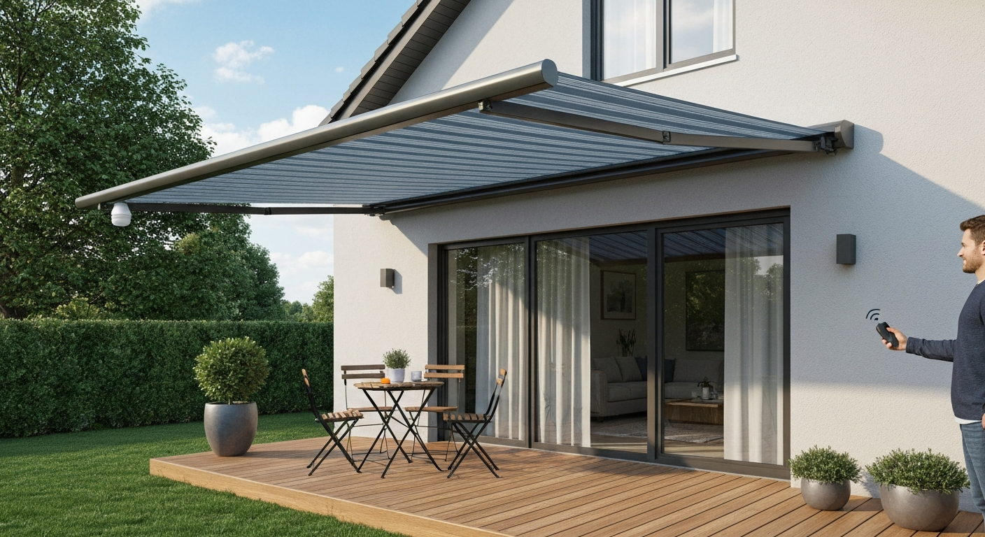Photorealistic backyard patio with a motorized retractable awning extended and a person using a remote