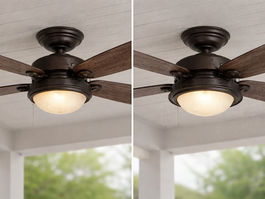 Two ceiling fan/light fixtures side-by-side showing damp vs wet outdoor construction differences.