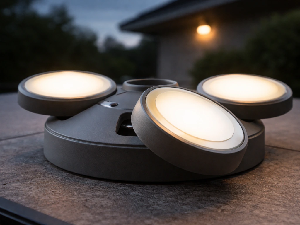 Close-up of an outdoor ceiling fan LED light module with diffuser showing brightness and glare control.