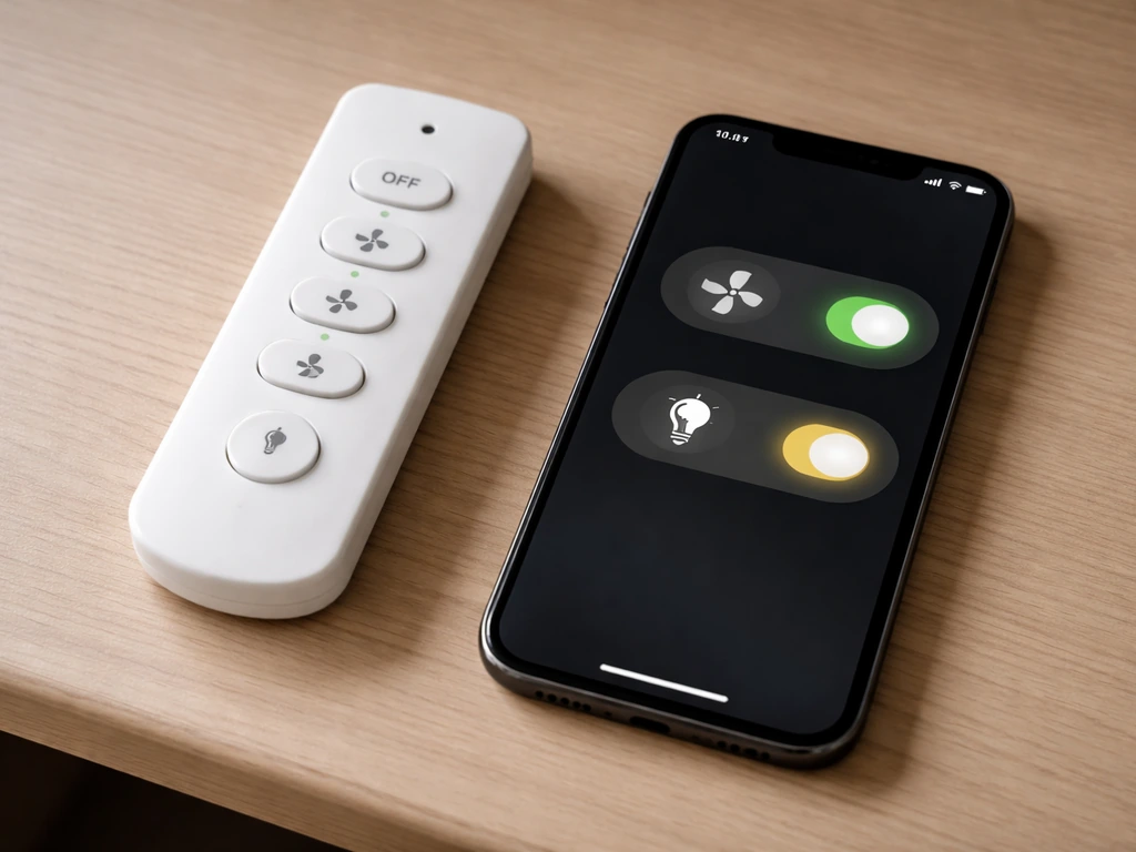 Handheld ceiling fan remote beside a smartphone showing generic fan and light toggles.