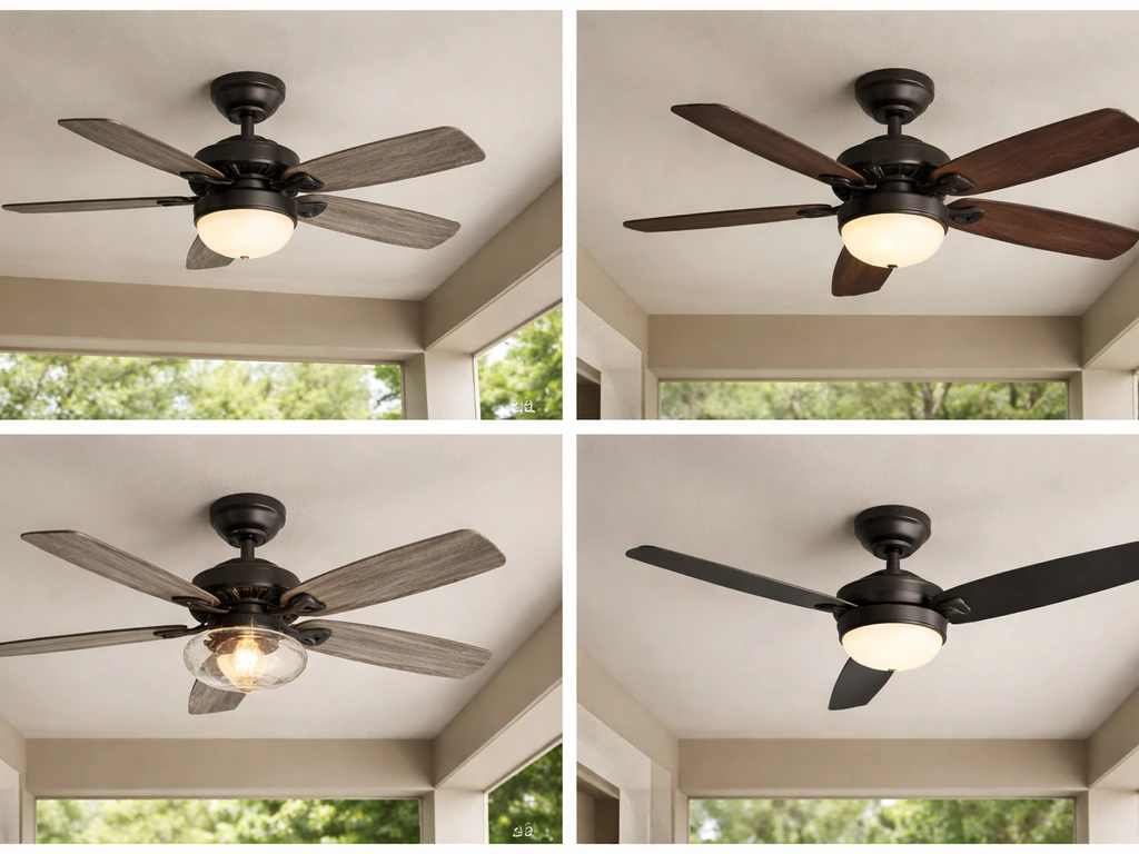 Collage lineup of four different outdoor patio ceiling fans with lights in simple covered patio settings.