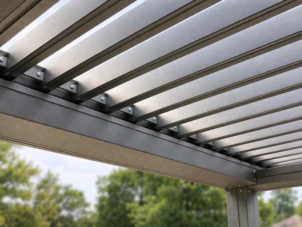Close-up of motorized louvered patio cover slats with the structural frame beneath in natural light.