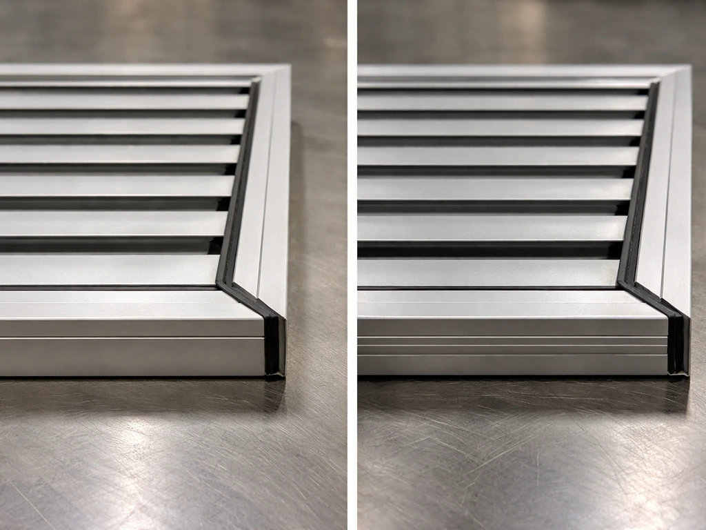 Close-up side-by-side comparison of two louvered cover details showing frame and slat sealing differences.