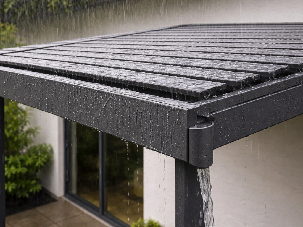 Closed louvered cover with rainwater draining into side gutters and toward downspouts