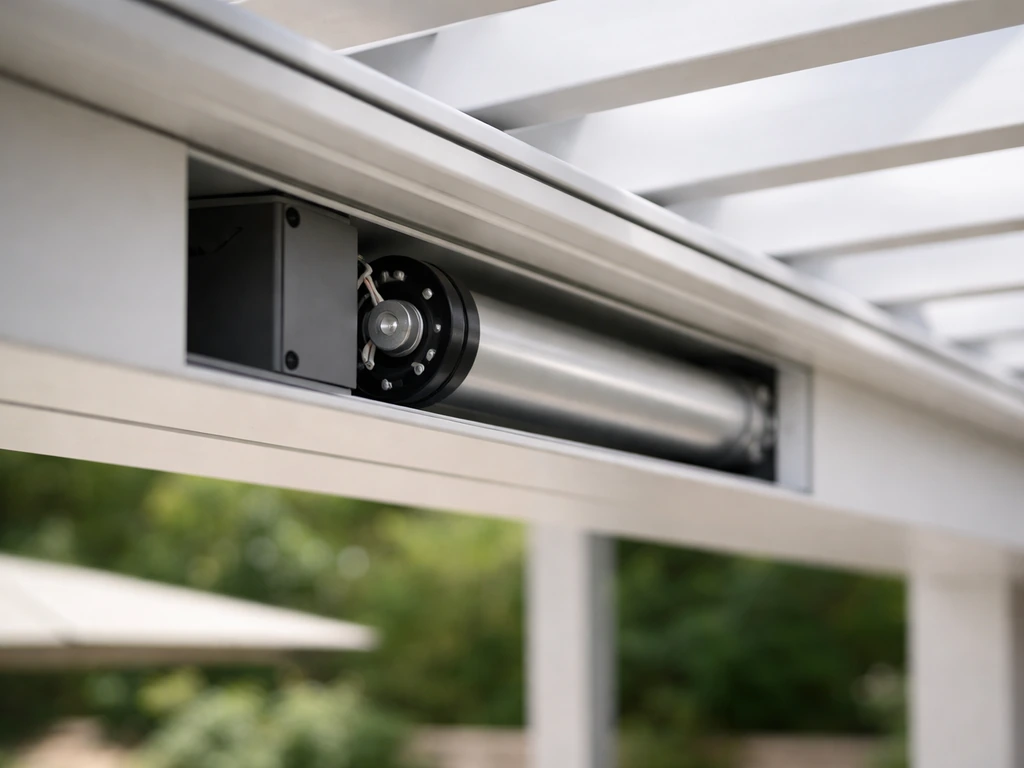 Close-up of a louvered patio cover showing the internal tubular motor/electronics housing.
