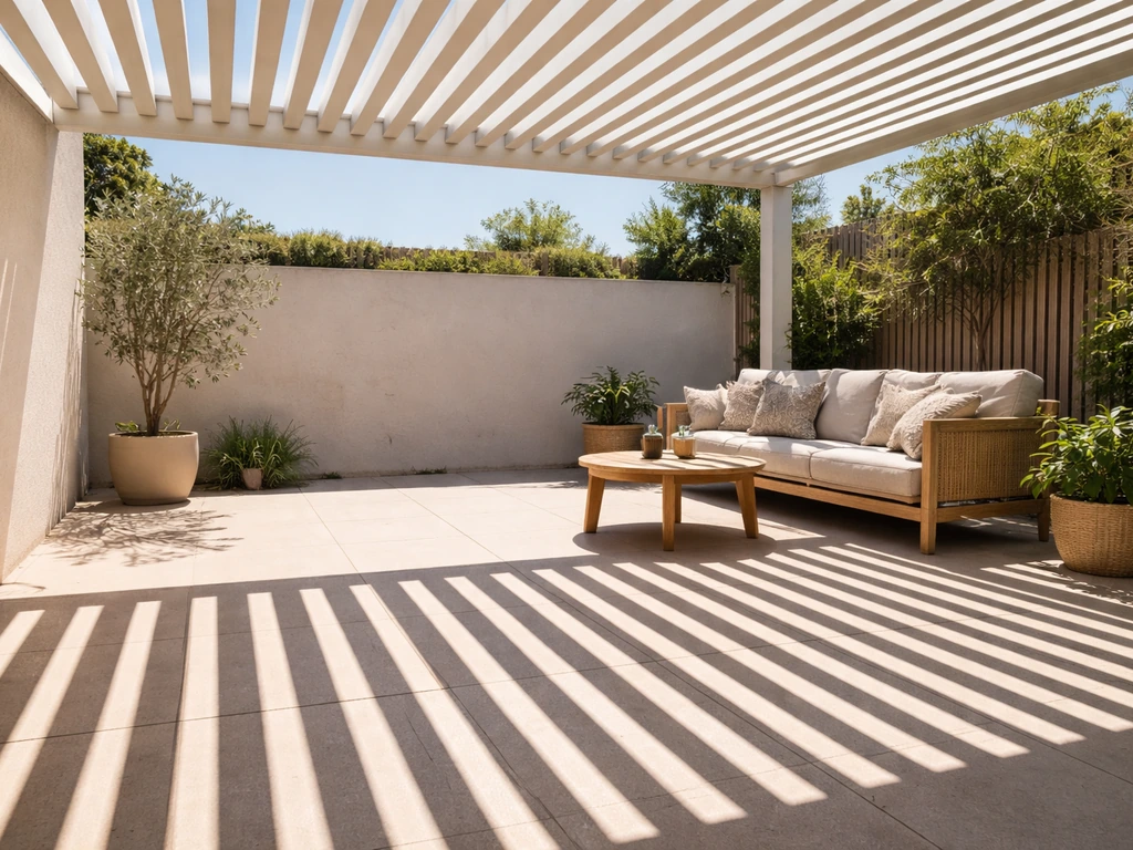 Close view of angled louvered patio cover blocking noon sun while letting air flow, with sharp shadow lines.