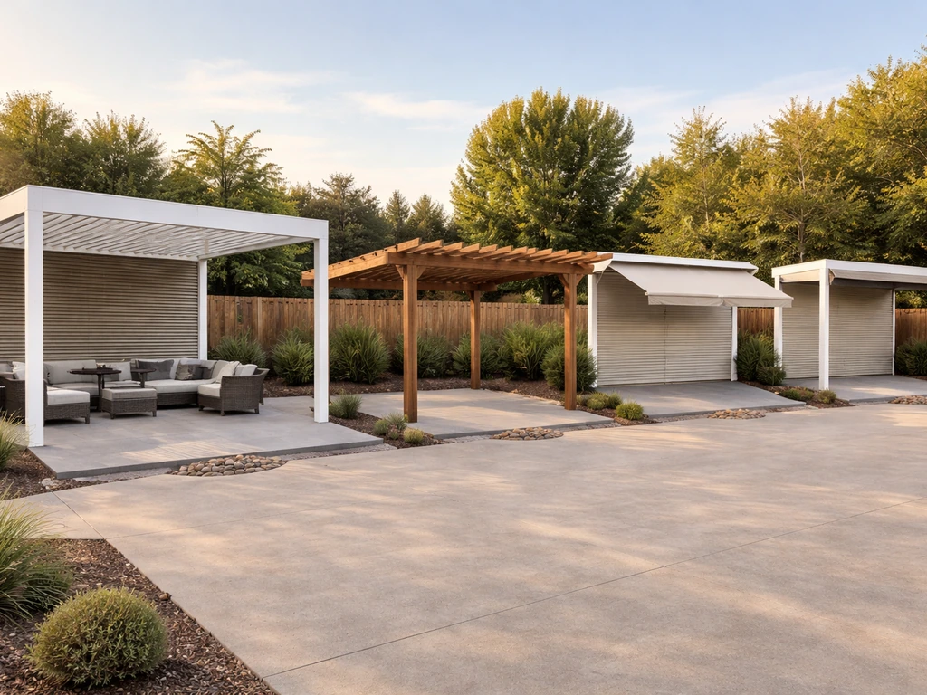 Backyard patio showing louvered cover next to pergola, awning, and solid panel alternatives.