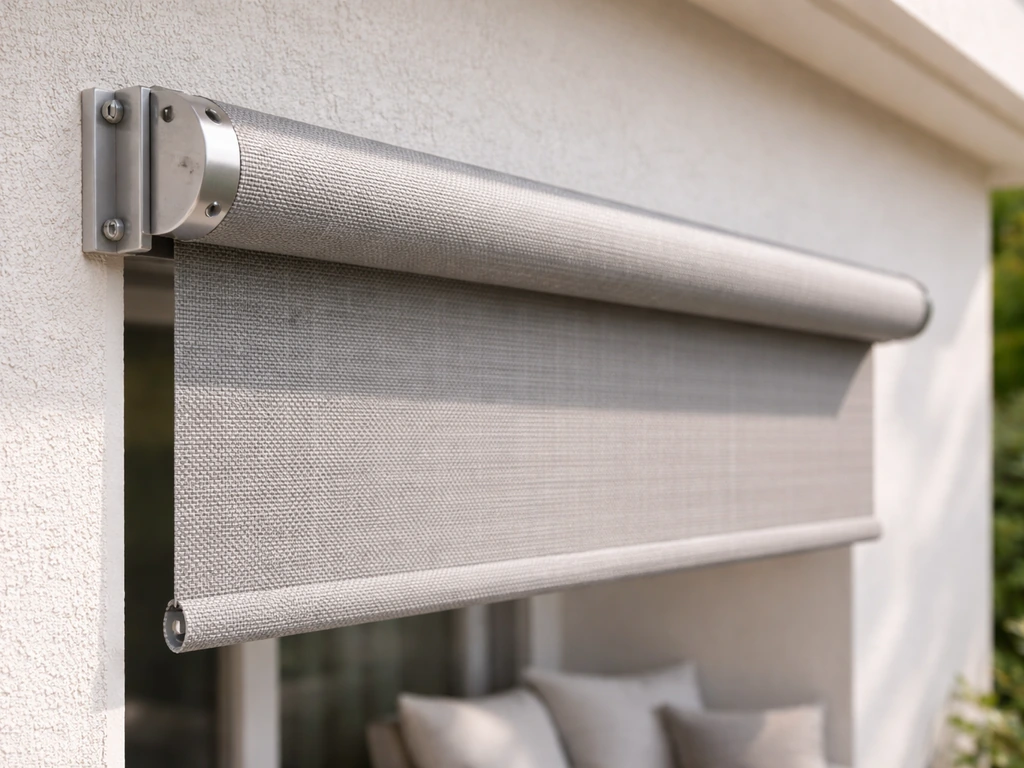Close-up of installed patio roller shade above outdoor seating with fabric partially unrolled and headrail visible.