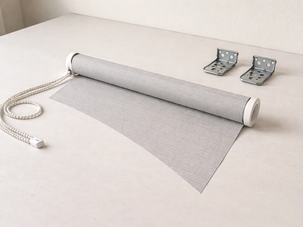 Photo showing patio roller shade parts—roller tube, fabric, brackets, and pull cord unrolling on a tabletop.