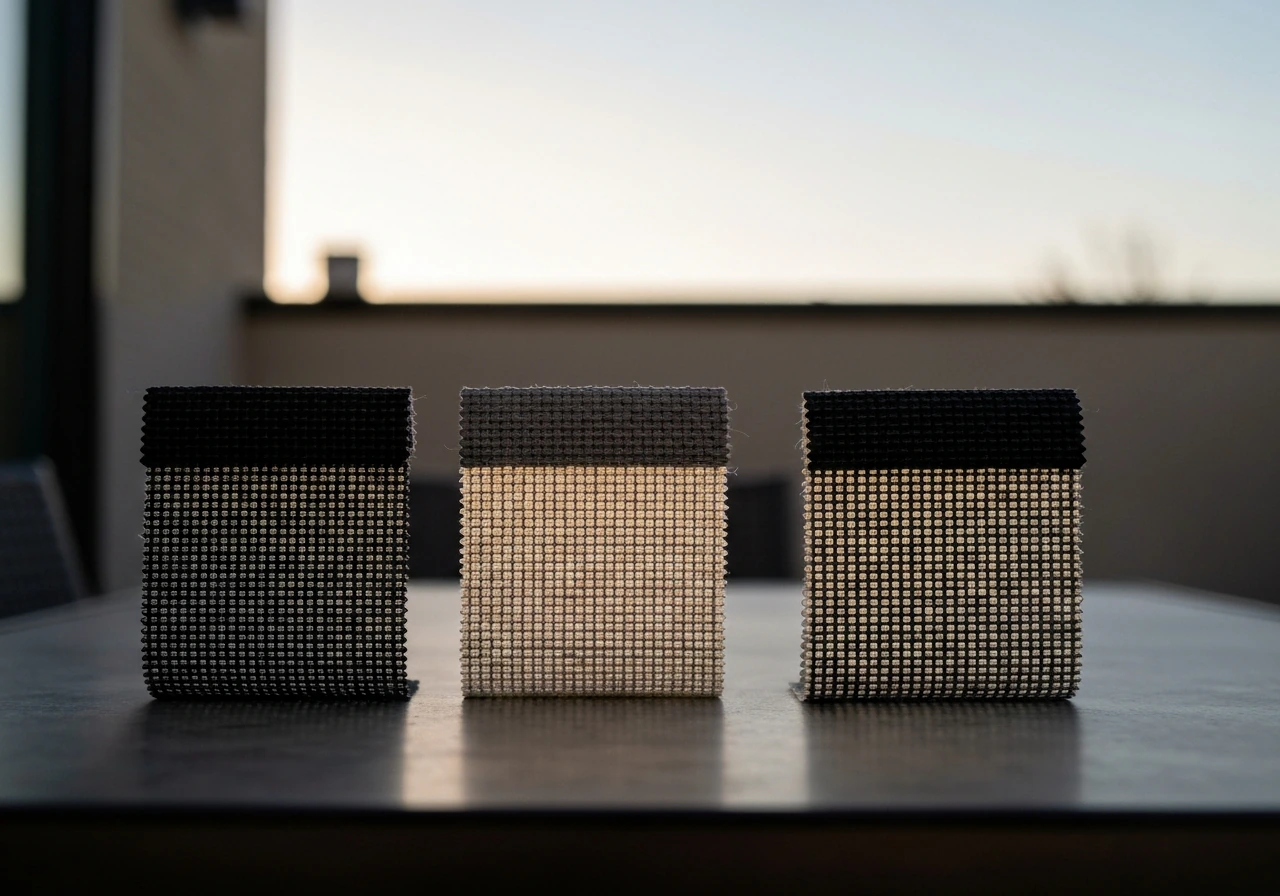 Minimal photo of outdoor patio shade fabric swatches showing different openness levels over soft daylight.