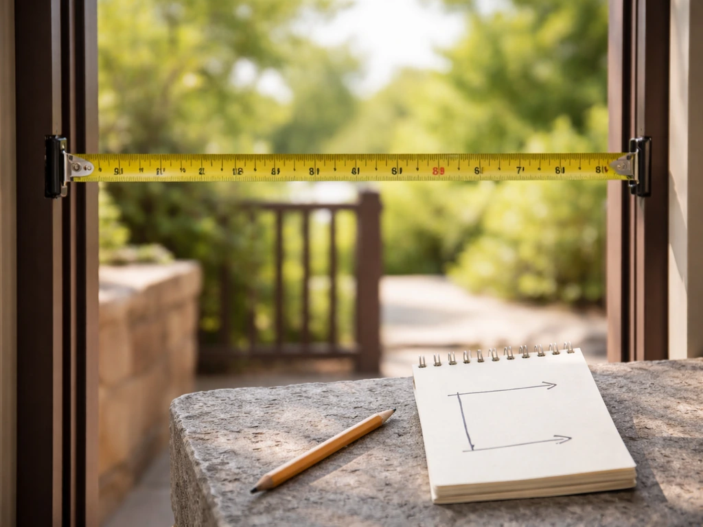 Tape measure across a patio opening with written width and height notes beside it