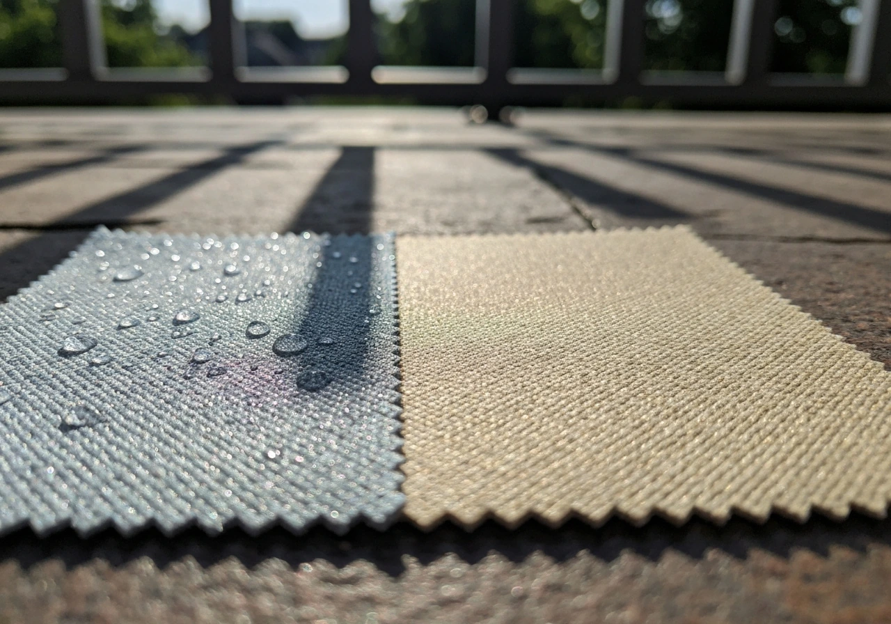 Close-up of outdoor fabric swatch with water beading and subtle UV-fade resistant texture in sunlight.