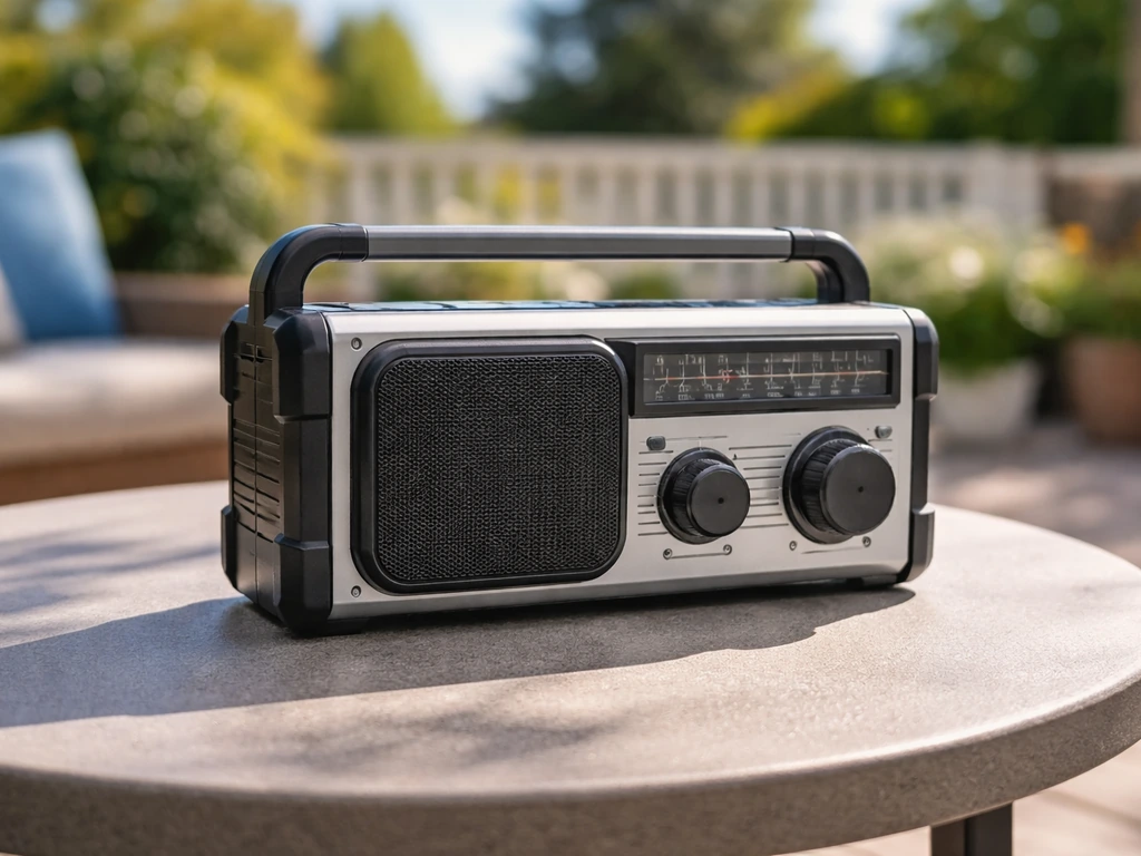 Weatherproof patio radio on a table in bright sunlight with an AM/FM-style dial, blue-sky ambience.