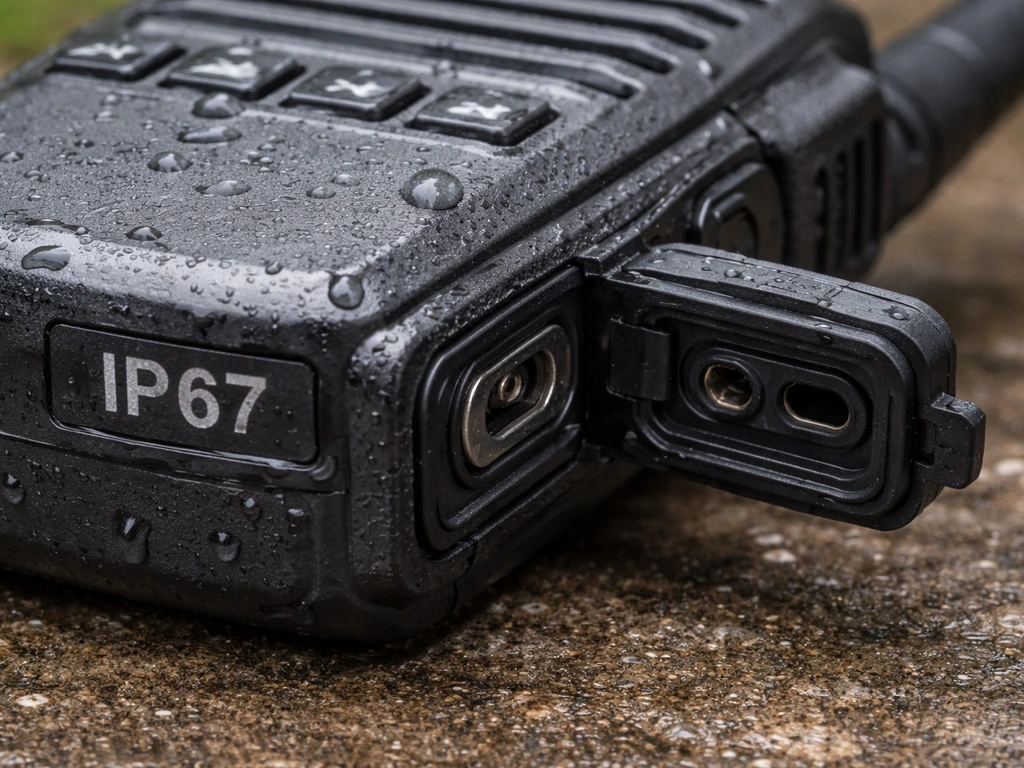 Close-up of an outdoor radio’s IP rating label with waterproof port covers and protective rubber gasket.