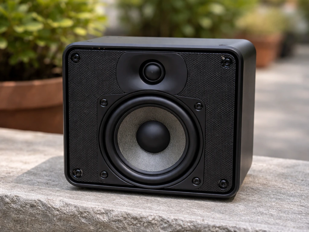 Outdoor patio radio with visible woofer and tweeter drivers in a minimal, sunlit scene.