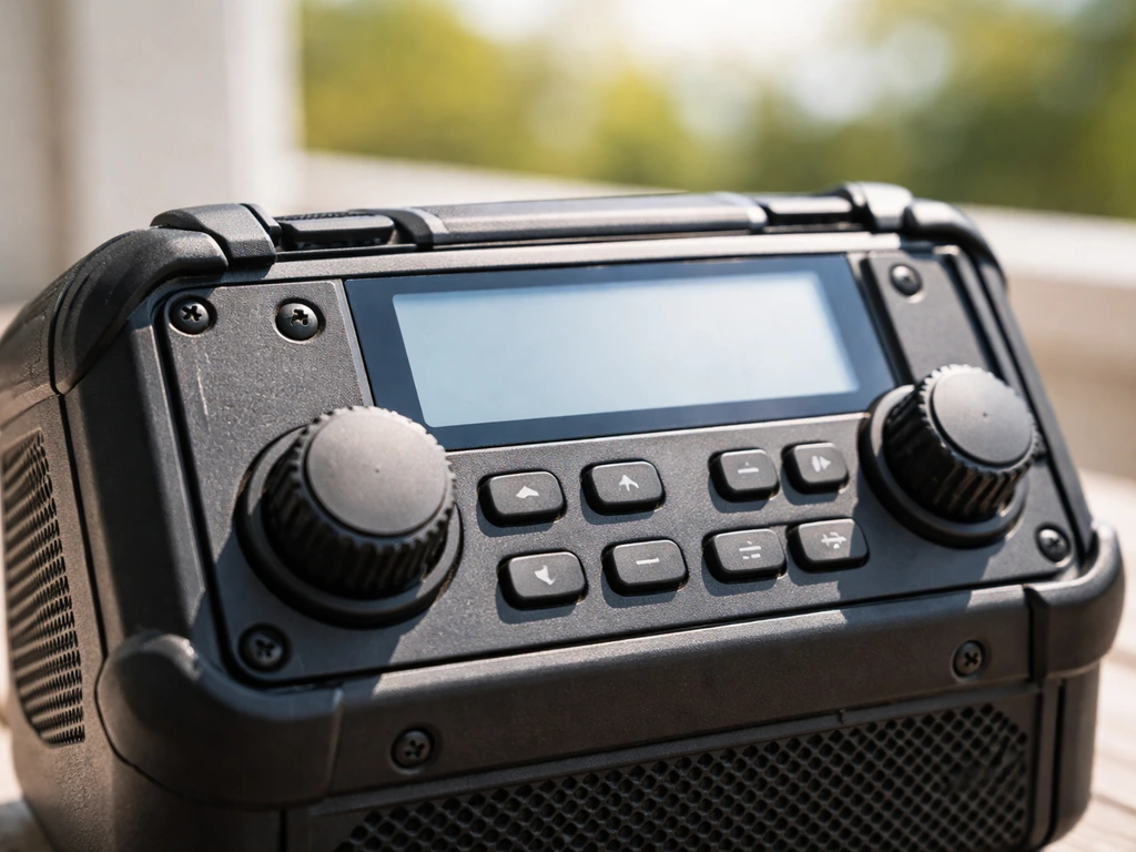 Close-up of an outdoor radio control panel with knobs, buttons, and a readable high-contrast display in bright sun.