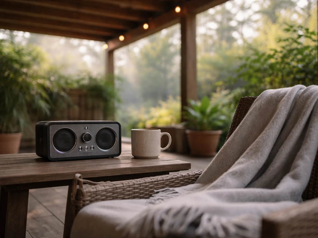 Covered small patio under a pergola with an outdoor radio playing beside a coffee mug and cushions