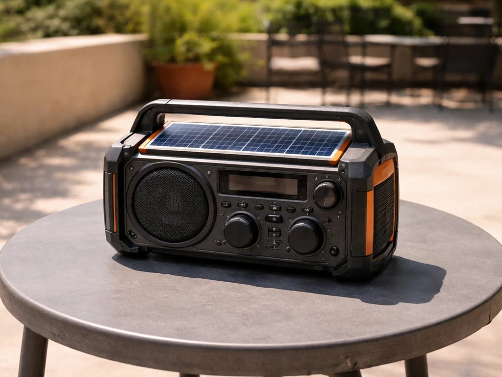 Portable outdoor radio with built-in solar panel on an exposed patio, no outlet or cords visible.