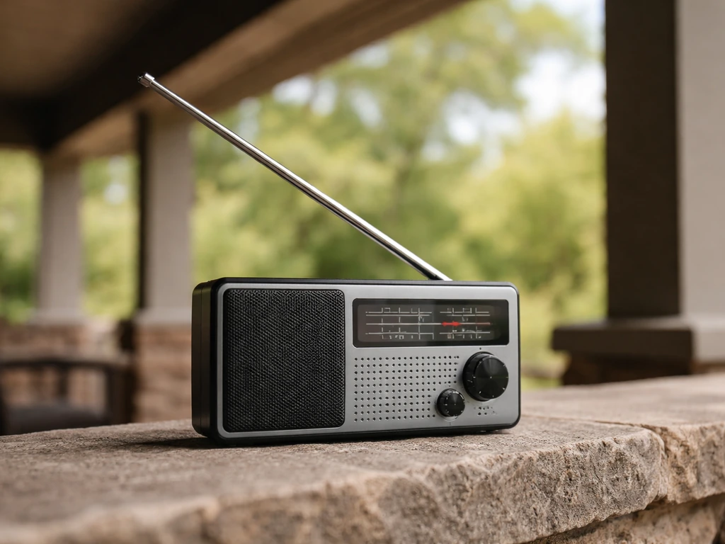 Outdoor portable FM radio on patio under an overhang with telescoping antenna extended and angled upward.