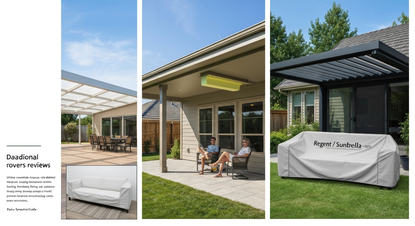 Split-scene backyard showing translucent acrylic roof, insulated aluminum patio roof, and partially open louvered cover; inset shows fabric furniture covers.