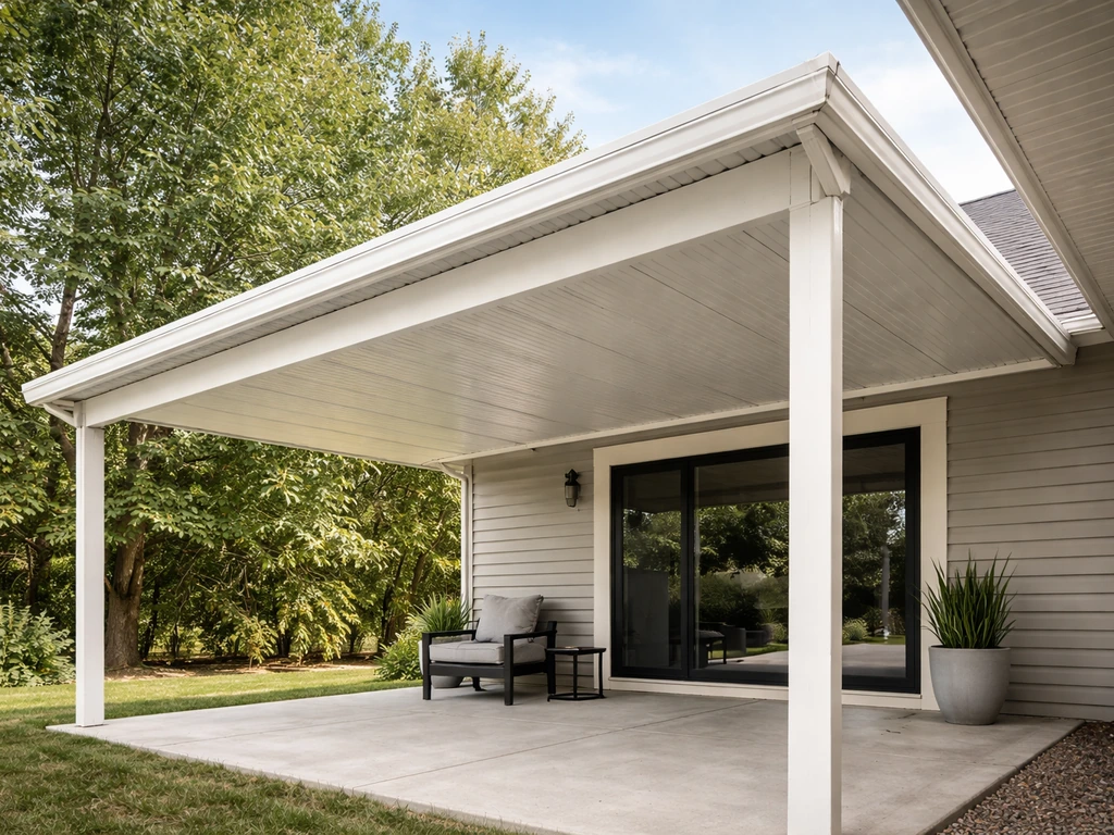 Daylight exterior view of a Heritage-style patio cover installed over a residential patio, showing aluminum frame and pa