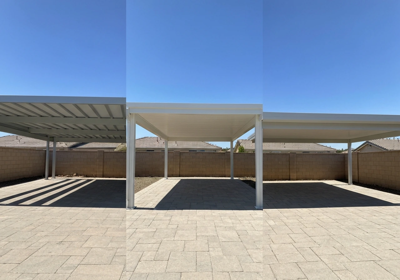Three patio cover styles shown outdoors: open frame, solid insulated panels, and a contemporary design.