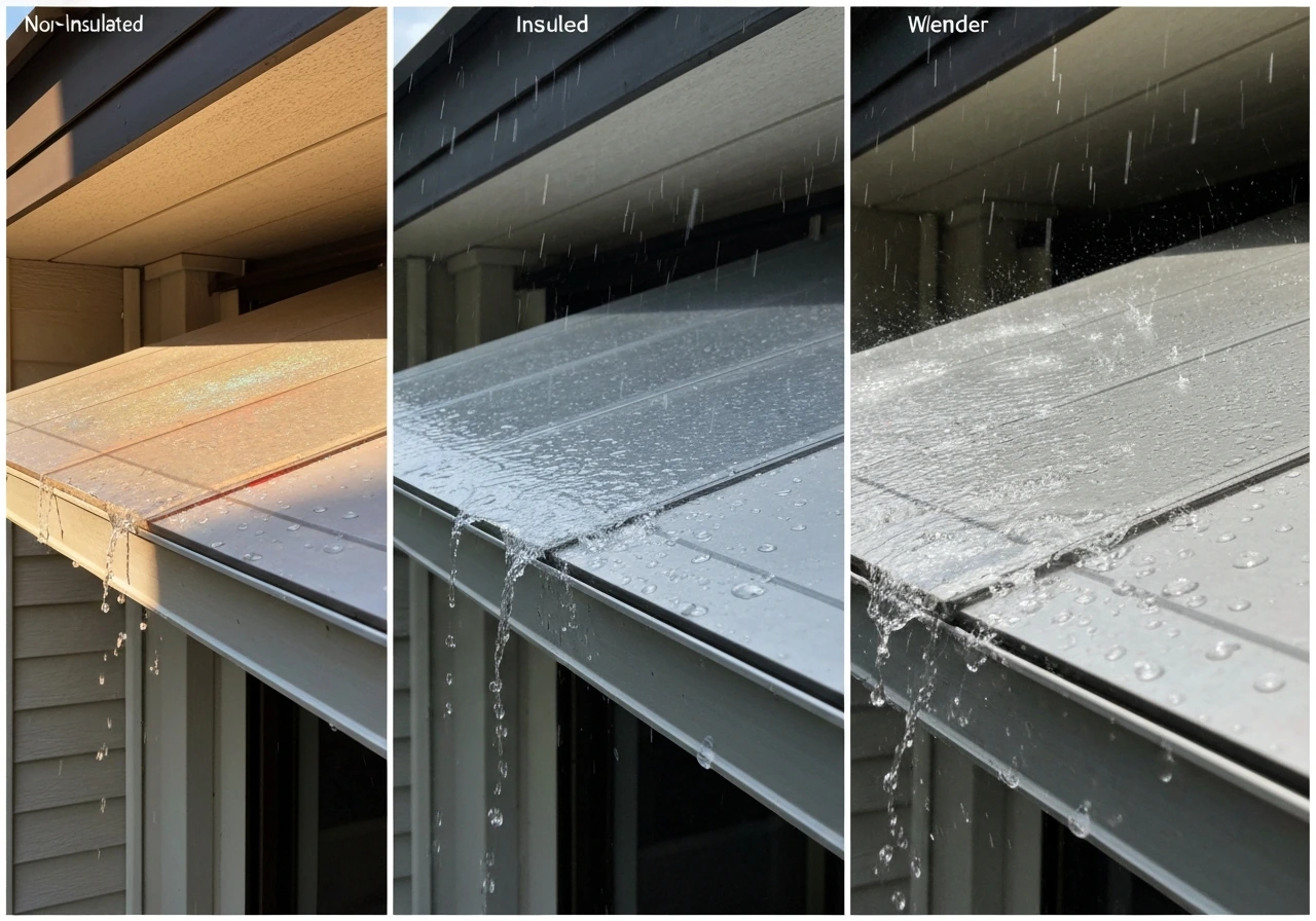 Under an overhang, insulated panels stay cooler in sun while rain sheds and wind-driven water drains cleanly.
