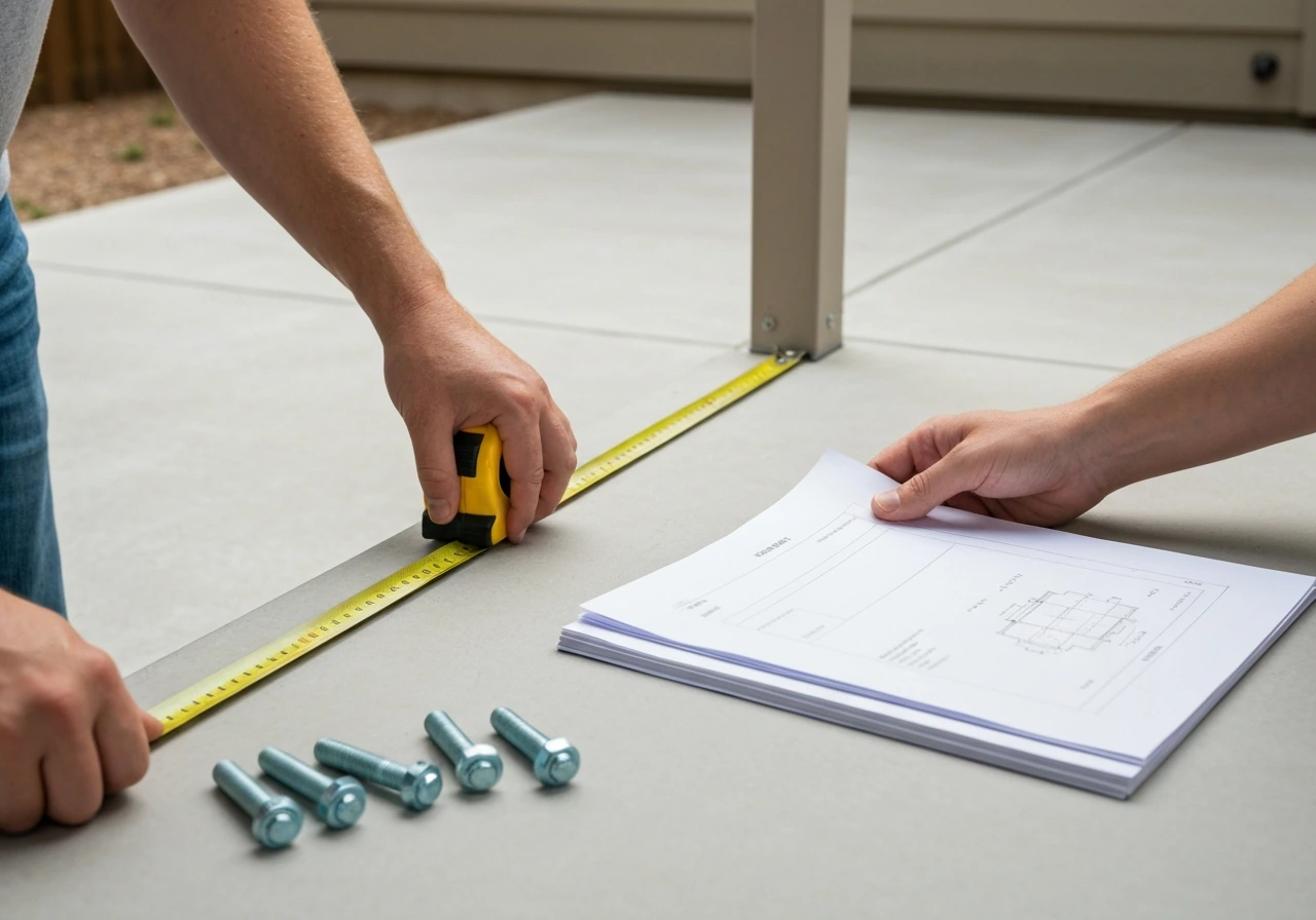 Minimal patio cover cost scene: tape measure on patio floor, fastening hardware, and permit paperwork pages.