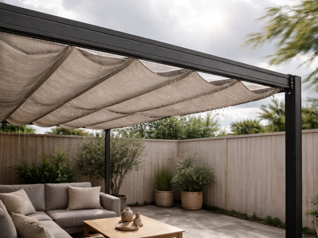 Minimal patio scene with a single cover hanging, suggesting weather protection choices.