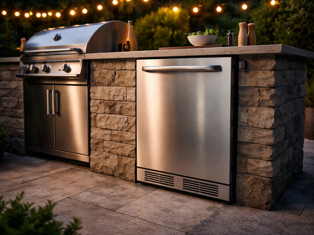 Premium outdoor patio refrigerator with grill nearby under warm patio lights