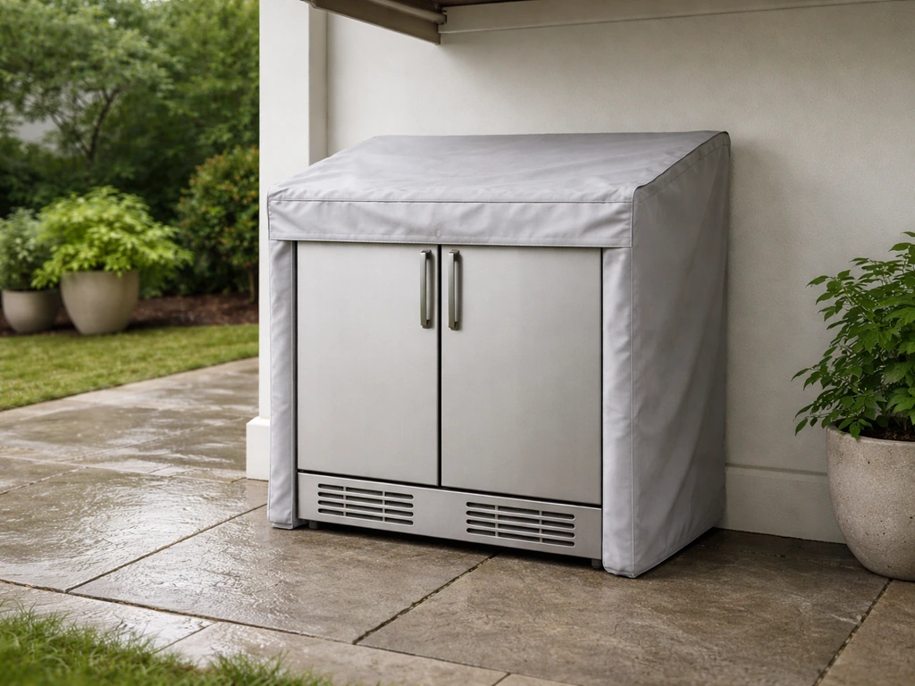 Outdoor-rated refrigerator cabinet on a patio under a protective cover, showing weather-safe setup