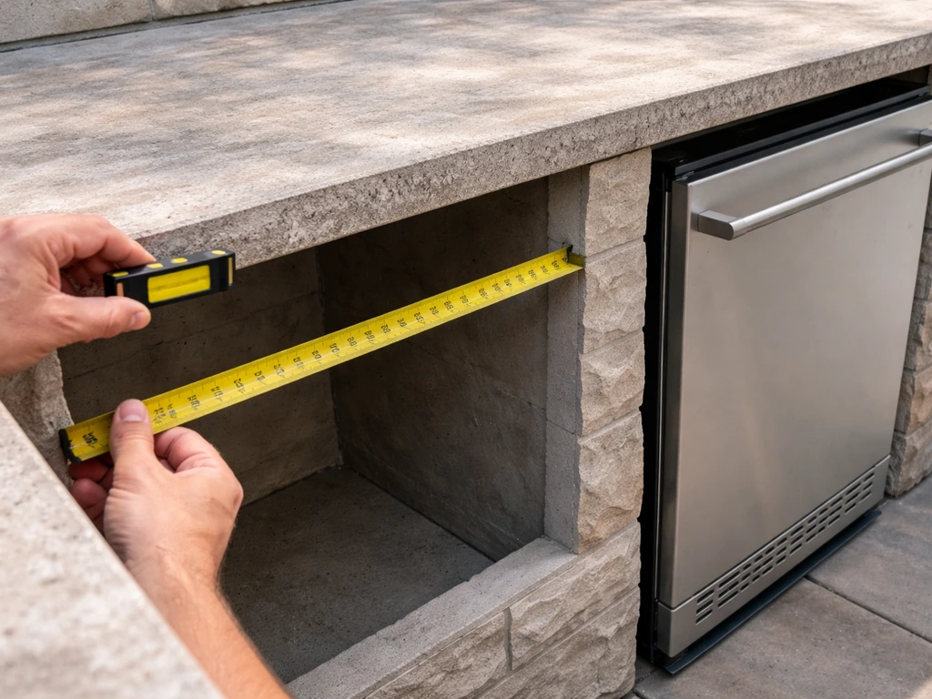 Measuring tape and level set on an outdoor patio counter opening with an outdoor fridge mockup for clearance