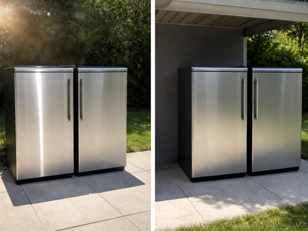 Two outdoor refrigerators side-by-side: one in direct sun, one in shade, showing overheating risk.
