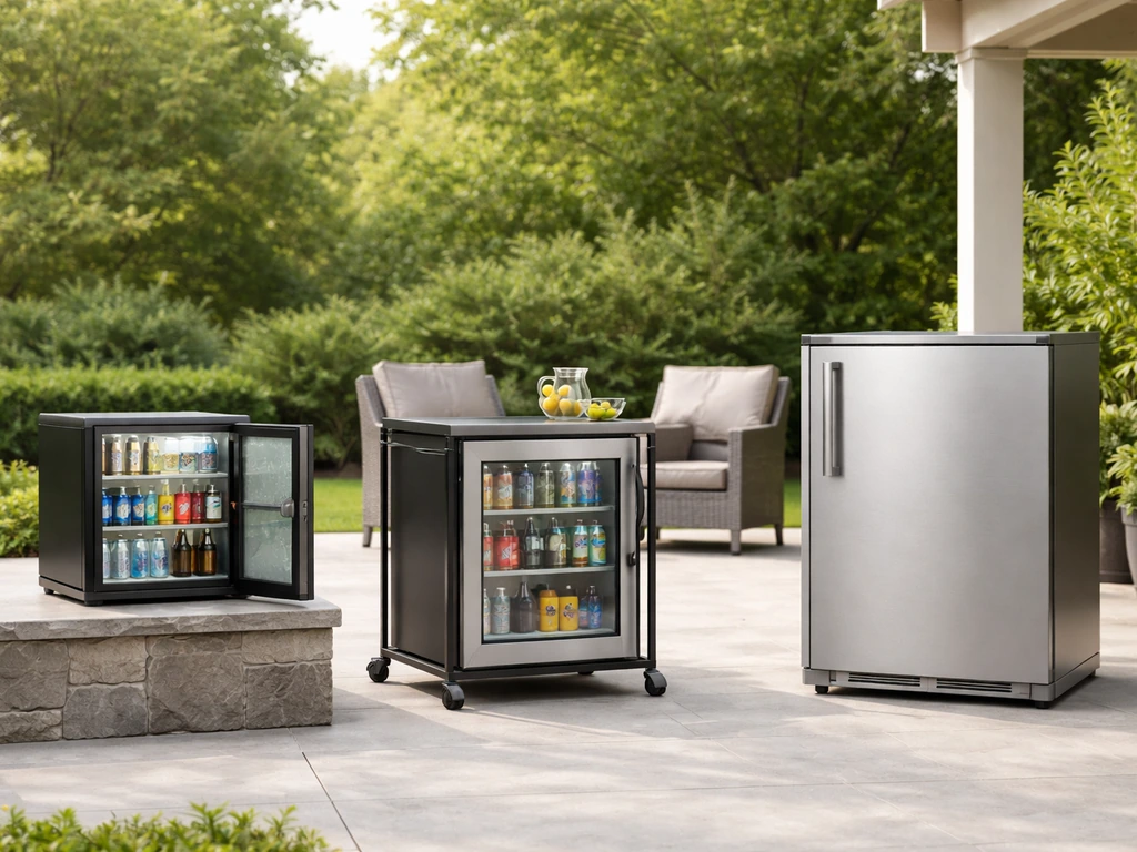 Outdoor patio with three different patio refrigerators in compact, medium, and large setups