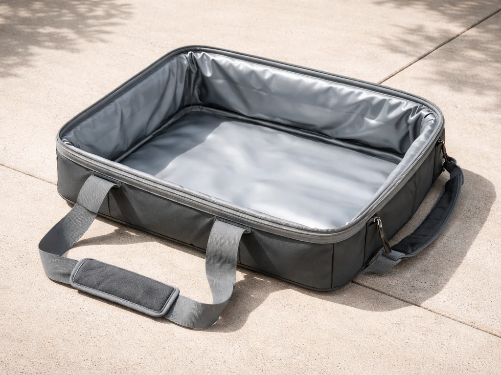 Close-up of an empty soft-sided cooler laid flat with carry handles beside it, showing fold-flat portability.