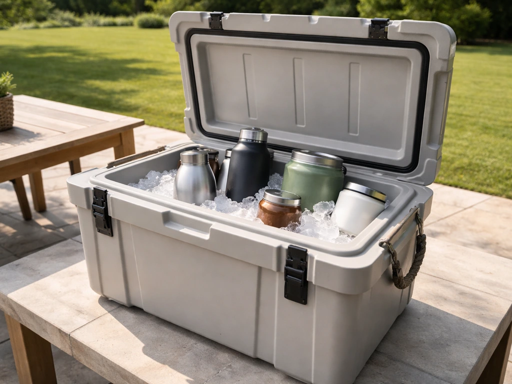 Large hard-sided rotomolded cooler on a patio with ice and generic drinks/food containers inside.