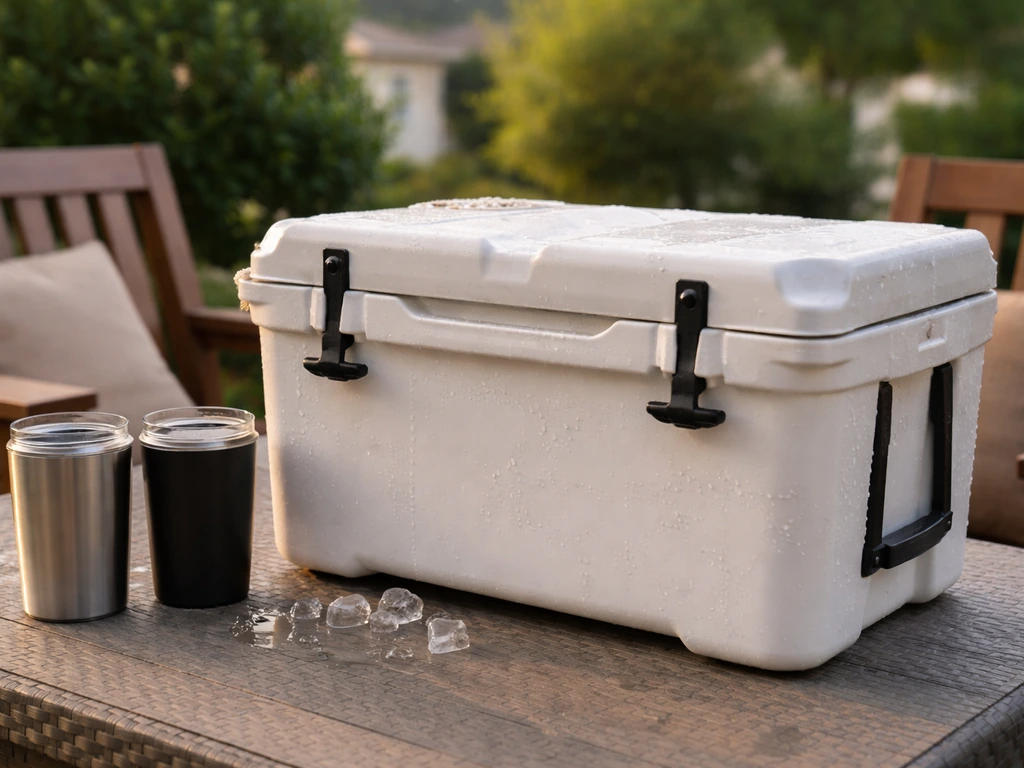 Outdoor patio cooler with visible ice condensation on a table, lid closed, focused product shot.